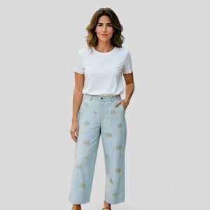 Vintage Saint Tropez West 100% Linen Embroidered Palm Wide Leg Cropped Pants 6